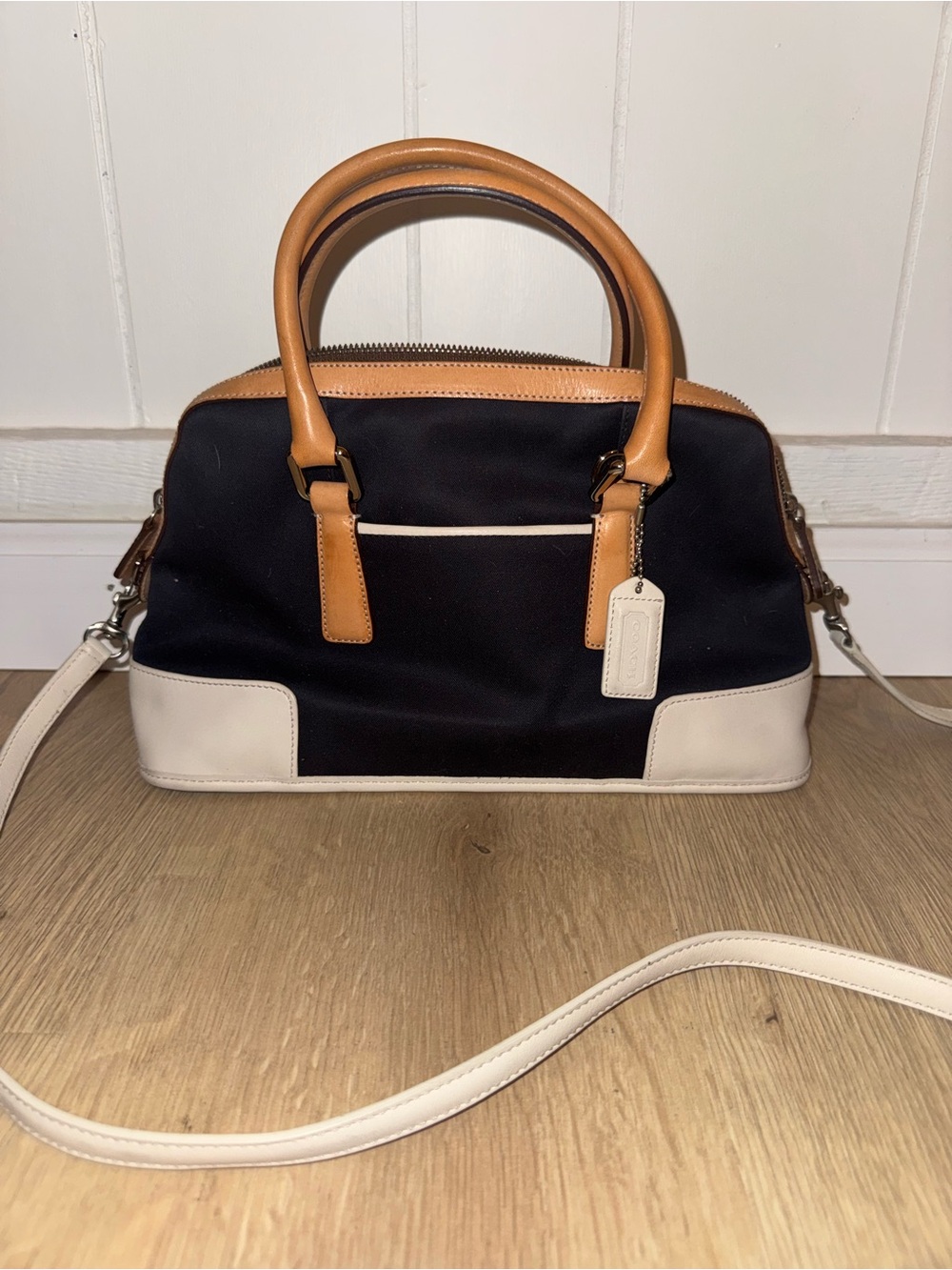 Coach Black Crossbody Satchel with Tan Handles and Cream Trim